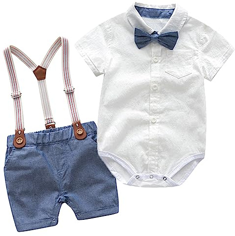 Yimutian Ensemble de Baptême Bébé Garçon pour l'été, Costume de Gentleman pour Enfants Chemise avec Noeud Papillon et Short avec Bretelles