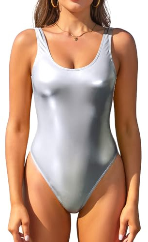 SHEKINI Traje de Baño Una Pieza para Mujer Cuello Baja Brillante Correas Deportivo Bañador Espalda U Slim Ropa de Playa(S, Plata)