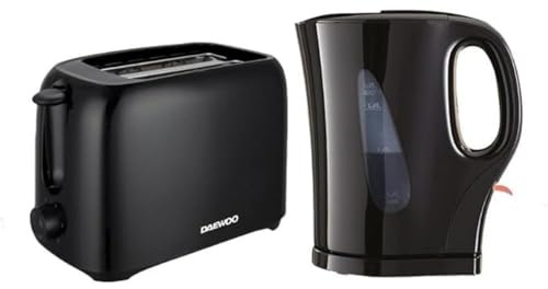 Daewoo Essentials Plastic 1.7 Litre Kettle And 2 Slice Toaster Set Black, Breakfast Combo, Fill Roughly 7 Cups In One Boil, Visible Water Window And Variable Browning Controls, Clean Simple Design