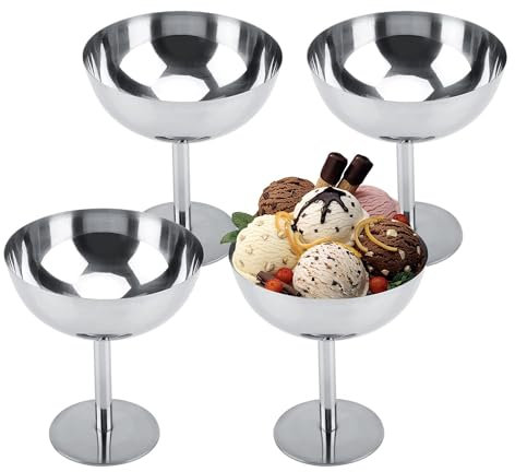 Hapivida Copa de Helado, 4 Piezas Taza de Helado Tazón de Acero Inoxidable para Helados Cuencos Mini Tazas de Yogur con Patas Redondas Tazas Pudín Metal Reutilizable para Postre Sundae Frutas