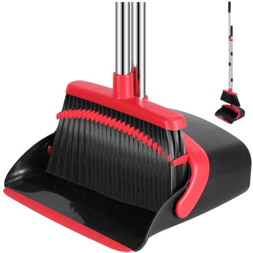 nacena Broom and Dustpan Set, 52-in Long Adjustable Handle Broom Dustpan Combo with Dustpan Teeth to Automatically Clean Hair Suitable for Home Kitchen Office Hall Floor, Black Red