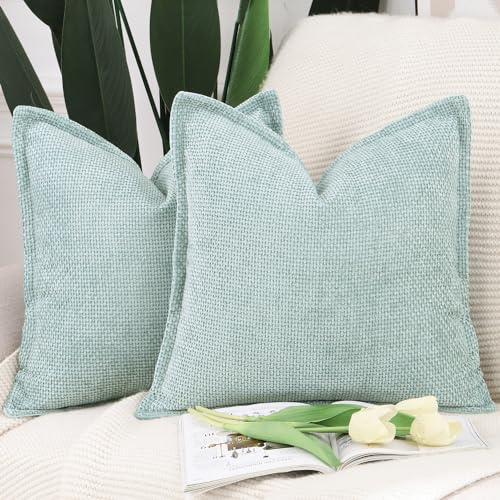 Madizz 2er Set Chenille Samt mit Rand Kissenbezüge Weiche Dekorativ Zierkissenbezüge Modern Kissenhülle für Sofa Wohnzimmer Schlafzimmer Aquagrün 45x45 cm