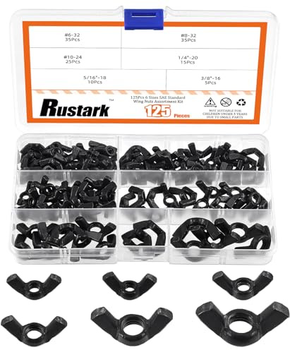 Rustark 125 Stück 6 Größen Schwarz SAE Flügelmuttern Sortiment Kit Verzinkt Flügelschrauben Kohlenstoffstahl Flügelmutter Schmetterlingsmutter Wing Nut für DIY elektronische Geräte Hardware
