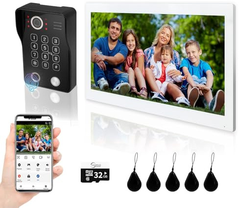 ANJIELO SMART WLAN Video Türsprechanlage Gegensprechanlage System, 10-Zoll-Touchscreen, 1080P-Türklingelsystem (kabelgebunden), unterstützt Fingerabdruck, RFID-Karte, Passwortentriegelung (Schwarz)