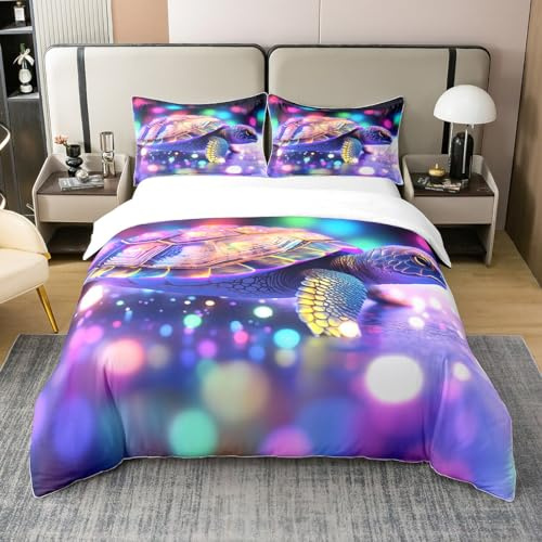 100% Baumwolle Schildkröte Bettbezug 155x220 Schildkröte Bettbezug Glitter Regenbogen Punkte Bettwäsche Set Neon Weiche Atmungsaktive Bett Set Schlafzimmer und Home Decor mit Reißverschluss Krawatten