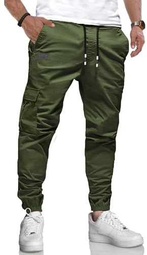 LIUPMWE Joggers for Men Cotton Casual Mens Work Trousers Tracksuit Elastic Cargo Pants Waist with Drawstring Pockets Sweatpants,S,Green-02