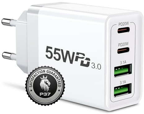USB-C Ladegerät 55 W, 4 Ports, 2 USB-C-Anschlüsse 20 W, Schnellladung, Schnellladegerät, 4 Ports, Ladegerät Mehrfachsteckdose PD & QC3.0 Handy Ladegerät USB C Ladegerät USB Typ C