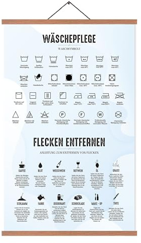 EASTJOY Waschküche Poster,Waschküche Dekoration,Waschguide,Waschsymbole,Deutsch,Laundry Schild,mit Teak Holz Posterleiste 65X40cm(Groß A2)