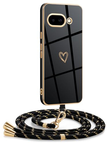 Mkej Coque pour Google Pixel 9a avec Cordon, Coque avec Collier Motif Coeur d'amour Silicone Galvanisé Housse, Réglable Amovible de Cordon Case pour Google Pixel 9a, Or Noir
