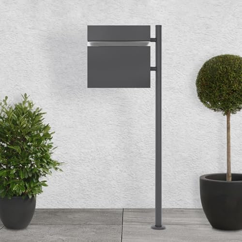 ECD Germany Buzón de Correo Autoportante de Acero Inoxidable Antracita con Poste y Base Independiente Casillero Exterior Moderno con Compartimento para Periódicos y Cerradura con 2 Llaves Incluidas