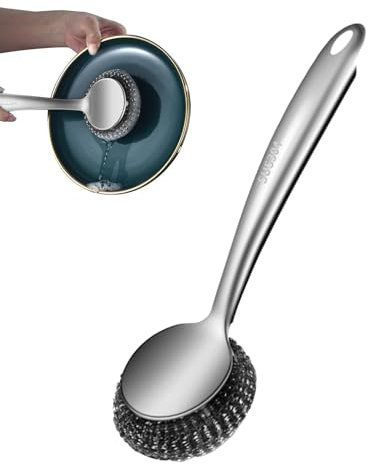 Metal Dish Scrubber, Long Handle Steel Wool Scourers | Stainless Steel Scouring Pads | Portable Metal Sponge For Pots, Pans, Cookware, And Bakeware