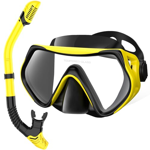 Juego de esnórquel para adultos, con gafas antivaho y tubo seco, máscara de buceo profesional, máscara de buceo de cristal templado para esnórquel (amarillo)