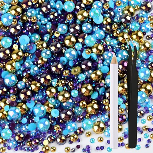 ASTARON 50g Mix Halbperlen und Glitzersteine für Kunsthandwerk, 3mm-10mm FlatBack Perlen und Strasssteine für Gesicht Nagel DIY Becher Becher Kunst Schuhe Kleidung (Blau Gold)