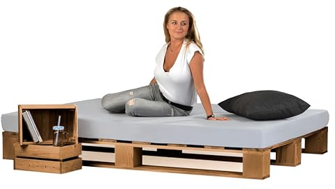 Lermowood Palettenbett M1 aus Holz 140 x 200 cm Eiche mit Lattenrost Holzbett 20cm Stabiles Seniorenbett Kinderbett Jugendbett Gästebett erhöhtes Einzelbett Bettgestell Futonbett Komforthöhe