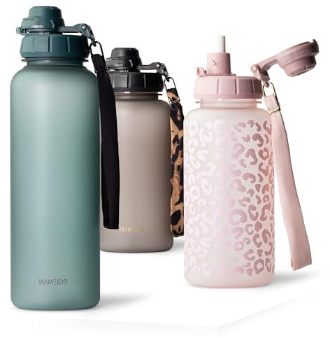 MAMEIDO Gourde avec Paille 1,5 l, Marqueur de Temps de Motivation, Gourde Sport avec Dragonne, Gourde étanche, Bouteille d'eau sans BPA, Water Bottle (Ocean Bloom)
