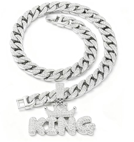 Xikui Rhinestone Necklace Chain, 18K Gold Plated Hip Hop Pendant Necklace Width 13MM Length 19.7in(50cm) for Men/Women, Ice Out Jewelry Holidays (Halloween, Christmas..) Gifts (silver king)