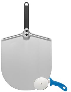 Gi.Metal Kit pelle à pizza en aluminium avec poignée courte 33 x 25 cm + roue coupe-pizza - outils à pizza faits maison - professionnels, légers et résistants