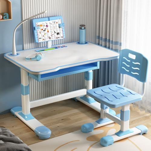 reukmuuc Höhenverstellbarer Schreibtisch und Stuhl Set mit Neigbarer Leseständer Extra Große Schublade, LED Tischlampe für Kinder von 3-18 Jahren für Schule Zuhause (Blau)