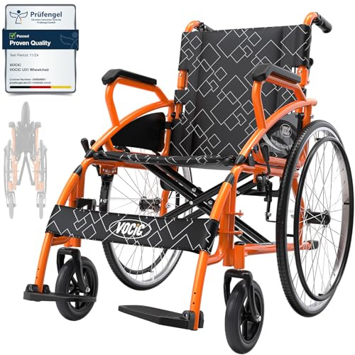 VOCIC Folding Lightweight Wheelchair, Double Brakes,Max 150KG, Self Propelled Transport Wheelchairs for Disabled, Stable and Robust, 60cm Rear Tire for All Terrains, 5 Year Support