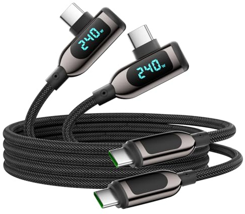 VisionSync Câble USB C vers USB C 240W Angle Droit, 6.6ft, Lot de 2, Noir | Câble de charge rapide Type C en nylon tressé écran LED pour iPhone 17/16 Pro Max, Samsung S26/S25 Ultra, MacBook, iPad