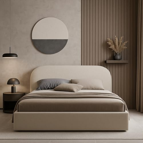 Sofello Moon Polsterbett mit Lattenrost aus Holz mit AUFHEBEN 90x200 120x200 140x200 160x200 180x200 200x200 (Quelle 05 - beige, 140x200)