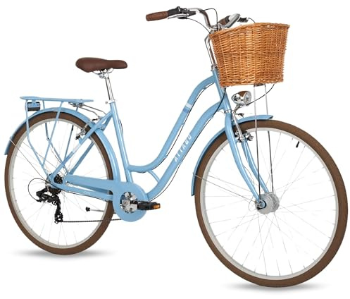 ATTABO City - Bicicleta de ciudad juvenil de 26, cuadro de 16,5, ruedas de 26, Shimano de 7 velocidades, con cesta, guardabarros, portaequipajes y luz LED