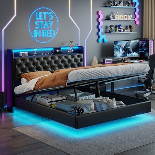 BHFFTHK Polsterbett Doppelbett 140x200 mit LED & USB, Hydraulisches Stauraumbett mit Kopfteil, Bettgestell 140x200 mit Stauraum Bettkasten & Lattenrost, PU-Leder, Schwarz, Ohne Matratze