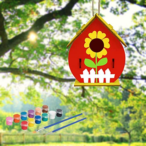 Vogelhaus-Bastelset aus Holz, unlackiert, zum Aufhängen, Set mit Farben und Pinseln, für Kinder, Kunstprojekt, Gartendekoration