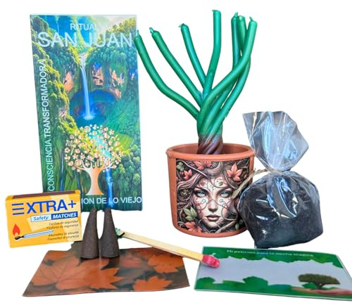 RITUAL DE LA NOCHE DE SAN JUAN PARA ELIMINAR ENERGÍAS NEGATIVAS Y PEDIR DESEOS CON MACETA, ÁRBOL DE VELAS, TIERRA LITÚRGICA, CERILLAS, PERGAMINOS Y CONOS DE INCIENSO.