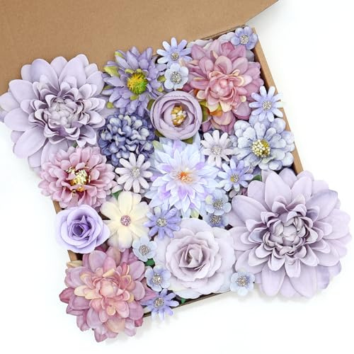 SOMYTING 48 cabezas de flores artificiales para decoración, flores falsas de seda para bricolaje, accesorio para el cabello, decoración del hogar, panel de pared, boda, fiesta (48, morado)