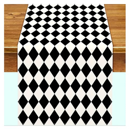 XUCZHAI Camino de Mesa de Lino a Cuadros de búfalo, Arte Elegante, Blanco y Negro, decoración for Fiesta de Boda, Vacaciones, Cocina, tocador, Bufanda, decoración de Mesa(180x33cm 70.8x13inch)