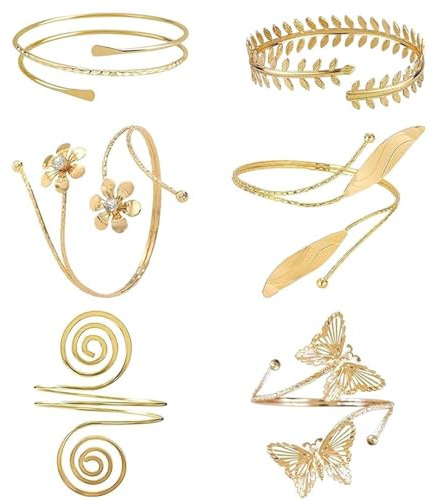 louuuou 6 PCS Gold Arm Cuff Upper Arm, Arm Cuff Gold Adjustable Cuff Bracelets for Women Arms Bands Jewellery Set for Women and Girls Fashion Lovers