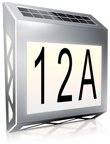 CSL - LED Solar Hausnummernleuchte Edelstahl - Hausnummer beleuchtet Solar - Automatische Tag- und Nachterkennung - Solarpanel Leuchte 10 Lumen - Hausnummernschild IP44
