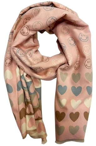 Jeamis XXL Smiley Love Herz Muster Wendeschal Strickschal Warmer Winter Schal Fashion Tuch Herbst Frühling Stola Wolle mit Fransen Smile