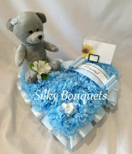 Silky Bouquets Heart Teddy Bear Funeral Tribute – 12 Silk Flower Heart with Bear & Ribbon Edge | Personalized Memorial in Any Colour with Sash & Message Card