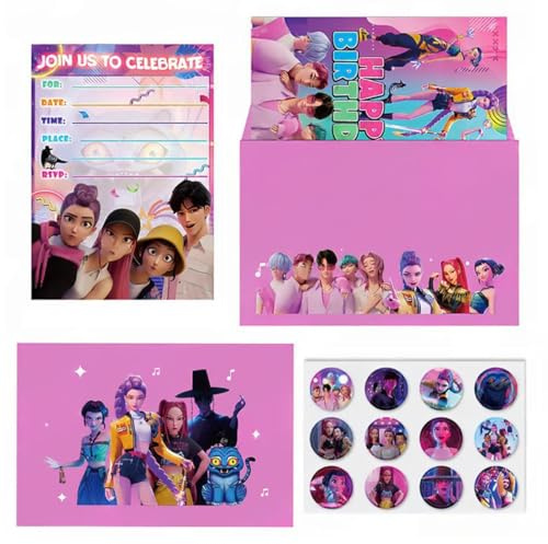 DEFGNOP K pop Gadget, 12 Huntrix Biglietti d'invito per Compleanni di Bambini, 12 Buste, 12 Adesivi, Inviti per Feste di Bambini