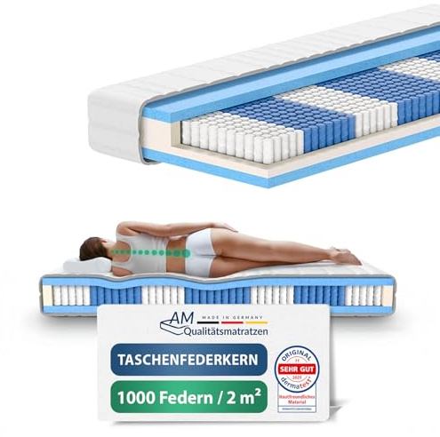 AM Qualitätsmatratzen Deluxe Taschenfederkernmatratze 90x200cm H4 24cm - Made in Germany & Oeko TEX Siegel - Federkernmatratze 90x200 mit 1000 Federn & Lyocell Bezug - 7 Zonen Matratze 90x200 H4