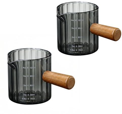 Vexsama 2 Stück Glas Espresso Messbecher 120ml Kaffee Messglas mit Holzgriff Doppelskala Espresso Kaffeetasse für Milch Kaffee Honigsauce