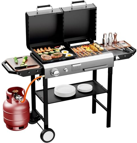 Outopee 2-in-1 Propane Gas Grill & Charcoal Grill Combo with Lid, 12000BTU Flat Top Griddle & Charcoal BBQ Grill with Electronic Ignition, Enamel Griddle & Grate for Outdoor Backyard Cooking Barbecue