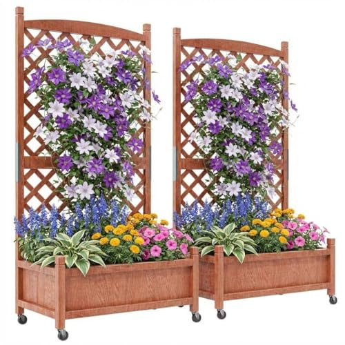 Holz Pflanzkasten mit Rankgitter Sichtschutz, Hochbeet mit Spalier für Kletterpflanzen, Großer Blumenkasten Outdoor für Garten, Terrasse & Balkon, Pflanzkübel mit Rollen, Stabil & Wetterfest, 2 stück