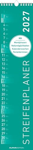 Streifenplaner MINT 2027: schmaler Wandkalender 11,3x49,5 cm mit farblich markierten Wochenenden, Feiertagen & Mondphasen, ideal für Haushalt, Familie & Büro | schmaler Wandkalender 11,3x49,5 cm mit farblich markierten Wochenenden, Feiertagen & Mondphasen, für Haushalt, Familie & Büro