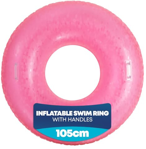 Splash! 105cm Inflatable Swim Ring - Durable PVC Rubber Rings for Kids - Holographic Print Swimming Ring with Handles - Inflatable Ring Supports up to 80kg - Rubber Rings for Adults (Neon Pink)
