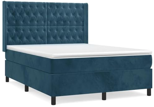QJBSAVVA Boxspringbett 140x190 cm Dunkelblau Samt, Bettanlage mit Matratze und Topper, Polsterbett mit Ohren-Kopfteil für Schlafzimmer, Hotelbett Komplettset
