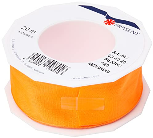 PRÄSENT C.E. Pattberg NEON Dream Band mit Drahtkante Tangerine (orange), 20 m Schleifenband für Bunte, 40 mm Breite, für knallige Geschenkverpackungen, Dekorationen & Applikationen