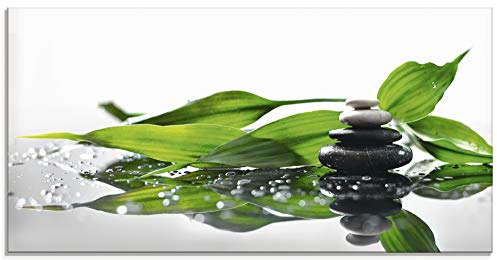 ARTland Wanddeko Glasbilder Wandbild Glas Bild einteilig 100x50 cm Querformat Asien Wellness Zen Steine Spa Blätter Reflektion Entspannung S7LT