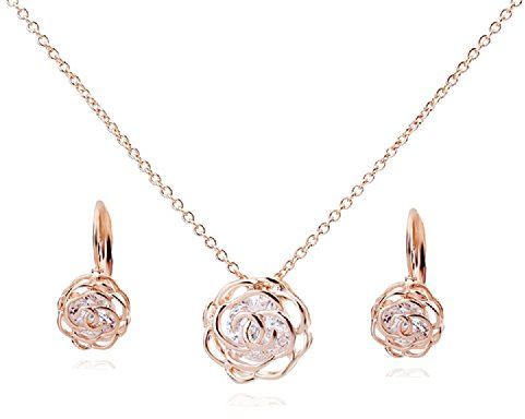 Crystalline Azuria Mujer 18ct Chapado en Oro Rosa Flores Rosas Cristales Juego de joyas Collar con Colgante 45 cm Pendientes para Mujer Niña Boda Novia y Dama de honor