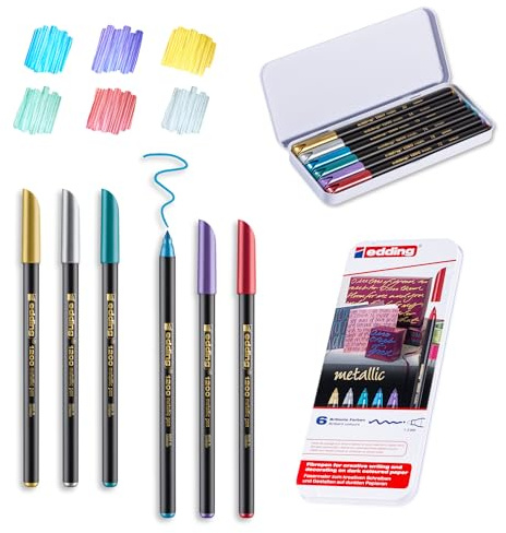 Edding 1200 feutre de coloriage métallique - multicolor - 6 stylos - pointe ronde 1-3 mm - pour colorier, écrire, dessiner avec effets métalliques brillants - pour livres d'or, cartes de vœux, albums