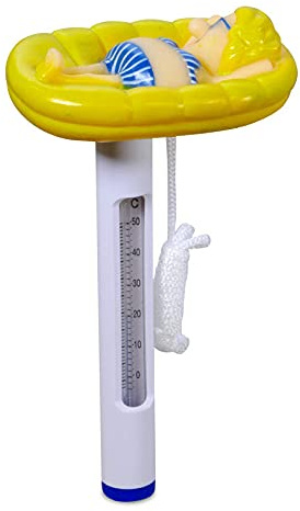Schwimmendes Poolthermometer Motiv Frau auf Luftmatratze - Anzeige in °C & °F - Stabil auf der Wasseroberfläche - Inkl. Befestigungsschnur für Pool Spa Whirlpool