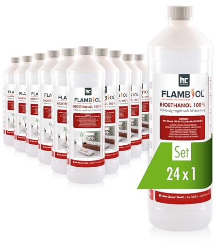 Höfer Chemie FLAMBIOL® Bioéthanol 24 x 1 L Ultra Pur 100% - Combustible Écologique pour Cheminées de Table et Poêles en Acier Inoxydable, Combustion Propre et Inodore