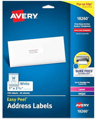 Avery Easy Peel Printable Address Labels with Sure Feed, 1 x 2-5/8, White, 750 Blank Mailing Labels (18260)